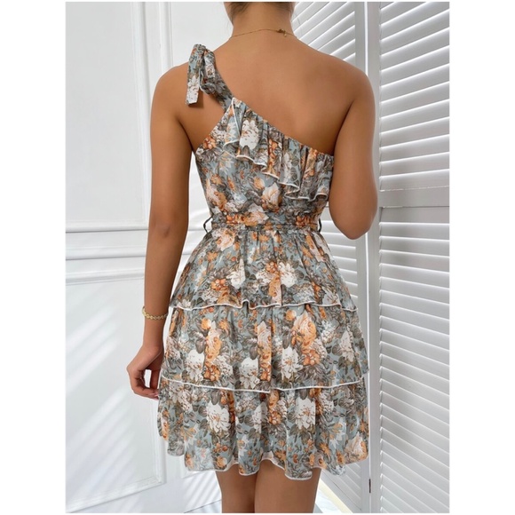 Boho Swiss dot One Shoulder Ruffle Mini Dress - Picture 12 of 13